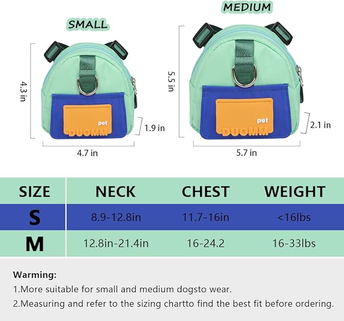 Dog Backpack Harness with Leash,Cute Pet Puppy Backpacks Bulid-in Dog Poop Bag Dispenser,Adjustable Pets Self Carrier Bag for Small Medium Dogs Travel Hiking Daily Walking(M, Green)
