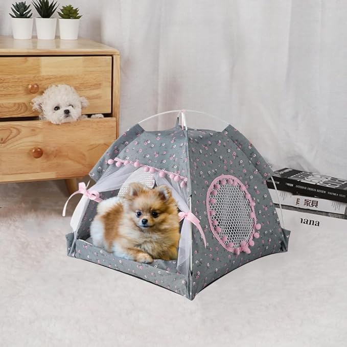 Cat Bed Tents Dog House Indoor Outdoor Lace Mesh Breathable Windows Door Curtains Removable Portable Nest Teepe House (Large,Gray&Pink)