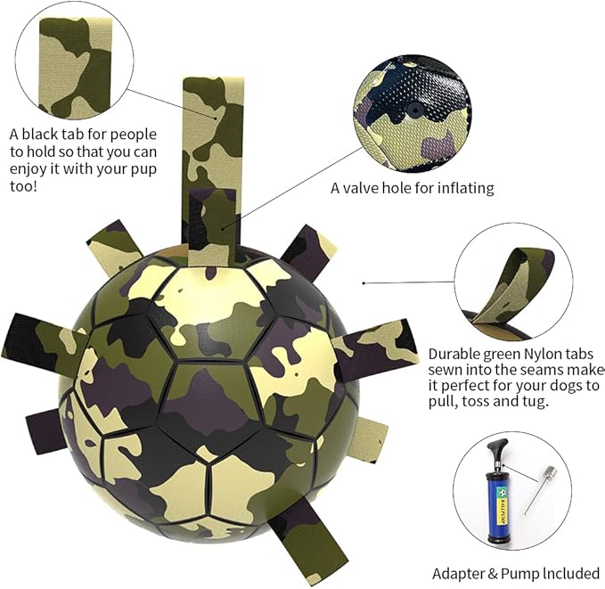 QDAN Dog Toys Soccer Ball, Interactive Dog Toys for Tug of War, Dog Tug Toy, Dog Water Toy, Durable Dog Balls for Medium & Large Dogs-Camouflage(8 inch)