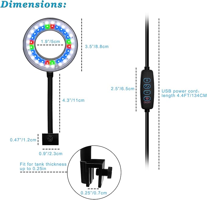 DOMICA Clip On Aquarium Light for 1 to 3 Gal Fish Tank (Dimmable White+Blue+Red LED) USB Moving Lamp for Open Terrarium (Adapter NOT Included)