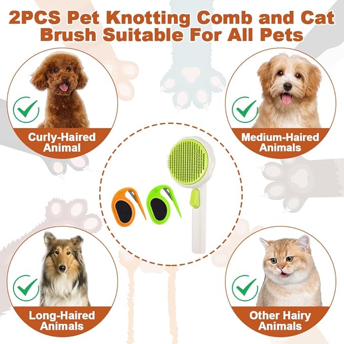 2PCS Pet Knotting Comb with 1PC Cat Brush Dog Brush with Release Button for Shedding, Jaxbo Pet Grooming Comb Dog and Cat Shedding Tool for Removing Tangled and Loose Hair