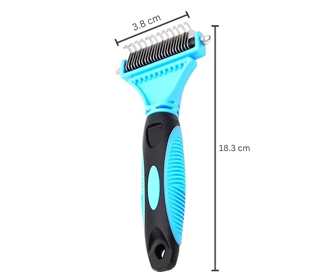 3-in-1 Pet Grooming Set - Self-Cleaning Slicker Brush, Deshedding Rake Comb, and Finger Toothbrush for Dogs & Cats | Perfect for Grooming, Dematting, and Dental Care (blue)