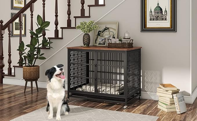 BOINN 42 inch Extra Large Dog Crate Furniture with Removable Trays, 3 Doors, 4 Wheels & 5 Locks - for Medium and Large Dogs