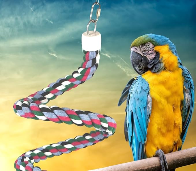 65inch Cotton Bendable Rope(Plus 1 Set 3 Steel Bells) Perch Swing Bird Chew Toys Amazon Parrots Cage Toys with Bell Swing Climbing Standing Bungee Bird Toys for Large to Regular Size Birds