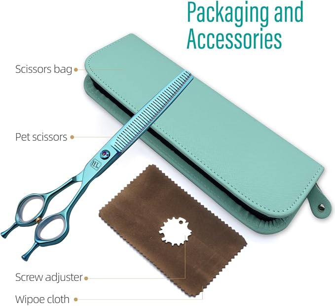 Dog Grooming Scissors: Blueish Green 7 inch Pet Blender Shears Made Of Japanese 440C Advanced Stainless Steel Professional Grooming Scissors for Dogs Cats and Other Pets