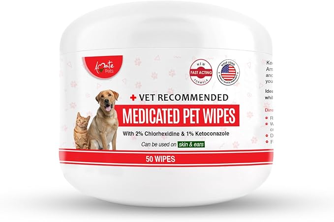 Amate Medicated Dog Wipes for Ear Skin & Coat - Pet Wipes for Dogs & Cats - 2.5 Small Wipes - Relieve Skin Issues, Hot Spots & Irritation - Pack of 50