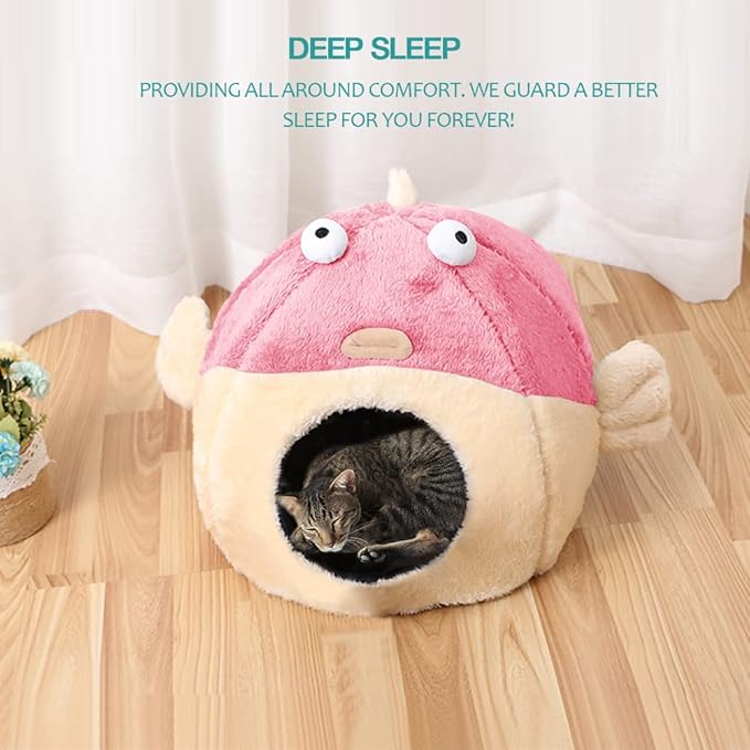 Cat Beds for Indoor Cats - Cat Bed Cave with Removable Washable Cushioned Pillow, Soft Plush Premium Cotton No Deformation Pet Bed, Lively Pufferfish cat House Design, Pink, Multiple Sizes