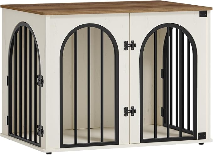 31.5'' Wooden Dog Crate Furniture TV Stand, Indoor Dog Kennel for Small/Medium Dogs, End Side Table Dog Crates, Anti-Chew, Anti-Escape, Arched Door Design, White Brown DFC85114B