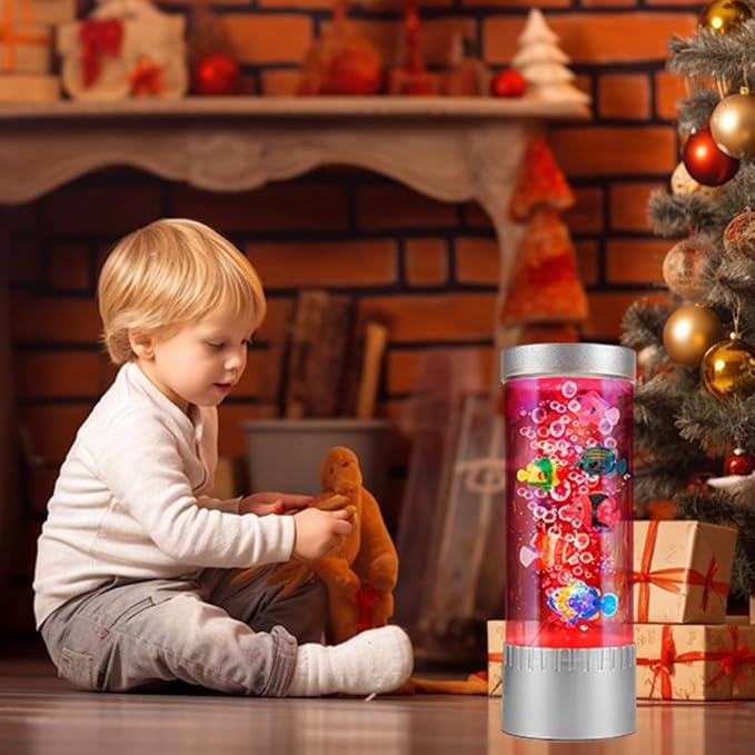 Bubble Fish Lamp with 6 Floating Fake Fish – LED Aquarium Night Light with Bubbles – Cylindrical Transparent Tank, Perfect for Kids’ Rooms, Offices, and Living Spaces