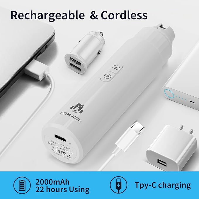 Dog Nail Grinder & Upgrade Professional with 3-Speed Adjustment Super-Quiet and Low-Vibration Pet Nail Trimmers with Forward and Reverse Functions - Safe Pause Button Wireless Type-C Charging (White)