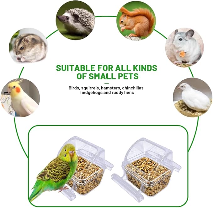 4 Pack Bird Feeders for Cage, No Mess Clear Hanging Parrot Food Bowl, Plastic Slot Food & Water Dispenser Bowl Set, Bird Cage Accessories for Hamsters,Pigeons,Parrot