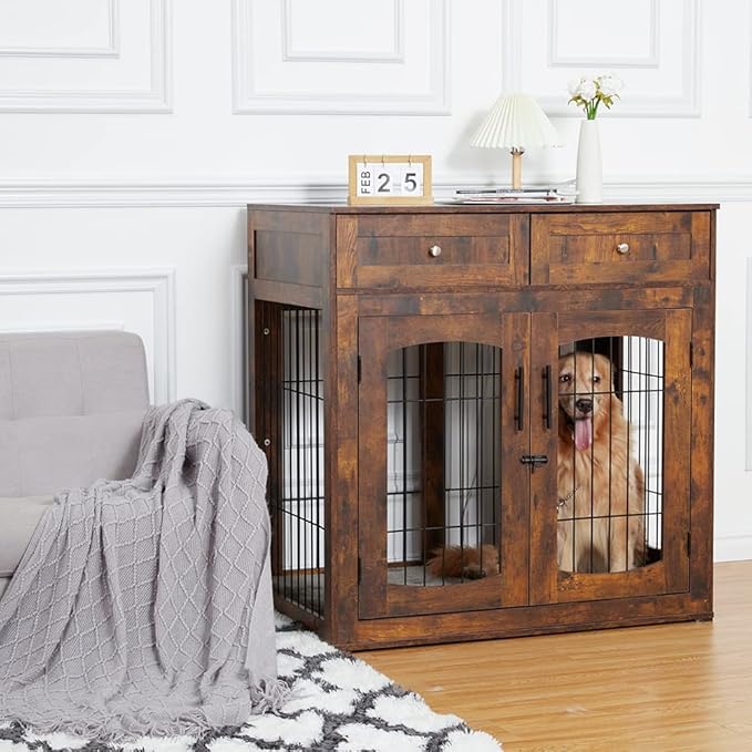 Dog Crate Furniture with Drawers and Cushion, 39.4" 3-Doors Dog Furniture, Wooden Dog House Kennel for Large/Medium/Small Dog, Dog Crate Table, Indoor End Table Dog House (Rustic Brown)