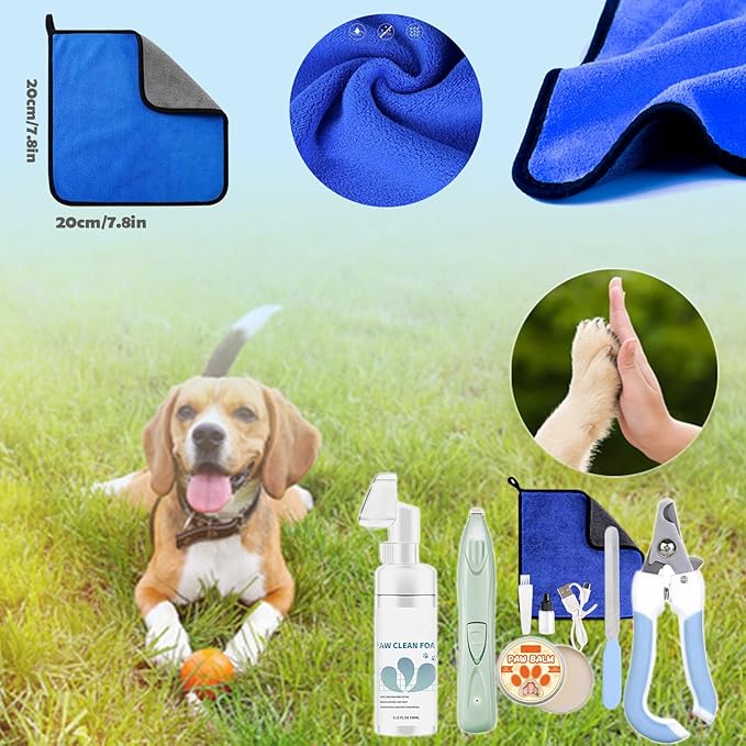Dog Paw Cleaner Pet Paw Cleaning Kit with 150ml/5.12fl.oz Waterless Foaming Microfiber Towel Feet Balm Cordless Electric Paw Trimmer with LED Light Dog Cat Nail Clippers&Safety Stop