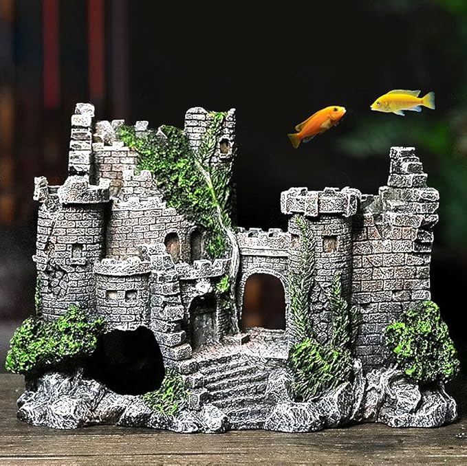 IBWell Ancient Castle Design Resin Aquarium Decoration Hideouts Stone Cave Hide House, Fish Tank Accessories for Betta Shrimp Turtle