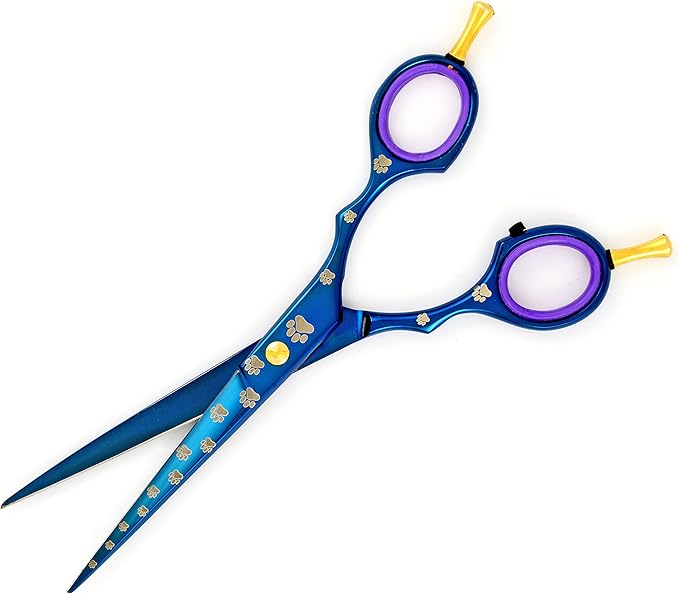6.5" Professoinal Pet Grooming Scissors Double Finger Rest, Blue Titanium Coating, Dog Paws Laser Engraved