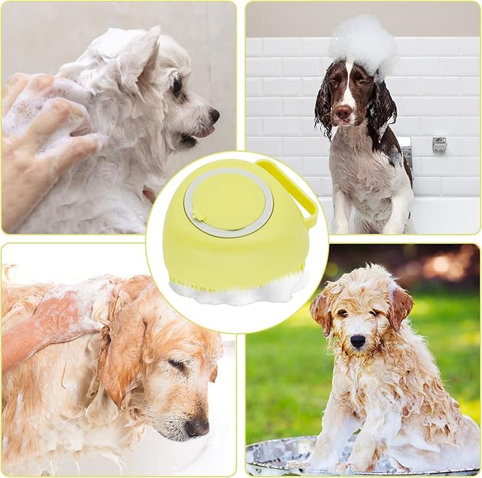 WishLotus Pet Bath Brush, Soft Silicone Cat Grooming Brush Dog Bath Massage Brush Shampoo Dispenser Heart-Shaped Multifunctional BathBrush for Pet Shower (Heart-Yellow)