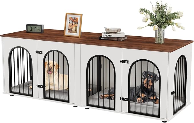 71" Large Dog Crate Furniture for 2 Dogs, Wooden Double Dog Crate with Door, Indoor Dog Kennel TV Stand with Divider and Cushion for Large Medium Dogs,White/Brown