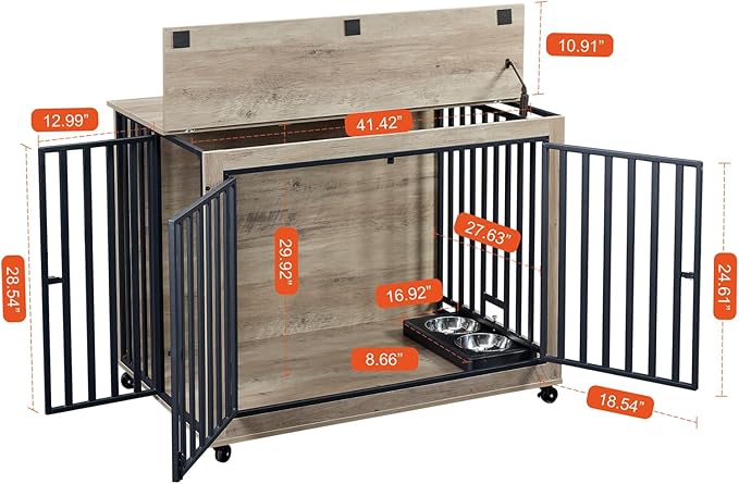 Dog Crate Furniture, Dog House Indoor with Feeding Bowl and Wheels, Wood Dog Crate Dog Kennels Decorative Dog Crate for Small Medium Dogs Grey 43.7" W x 30" D x 33.7" H One Size