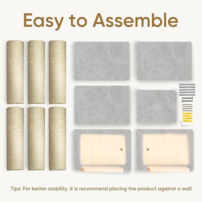 PAWSCRAT Wall-Mounted Cat Tree, 5 Tier Floor to Ceiling Cats Tower, 80 Inch Wall-Mounted Cat Scratching Post, Space Saving Cat Furniture and Easliy Climb for All Cats, Gery