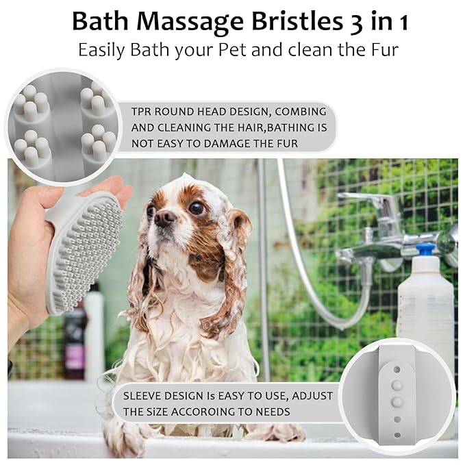 ELEGX Pet Grooming Bath Massage Brush with Soap and Shampoo Dispenser Soft Silicone Bristle for Long Short Haired Dogs Cats Shower (Grey+Blue+Massage Brush)