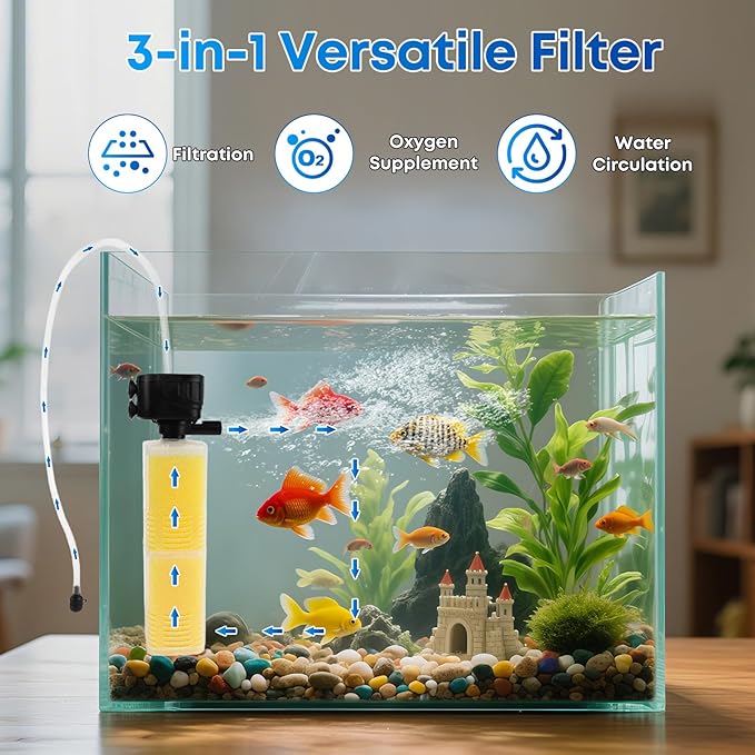 320GPH Aquarium Filter for 40-100 Gallon Fish Tank-4-in-1 Submersible Internal Filter with Biochemical Filtration,Powerful Water Pump,Air Supply, and Wavemaker for Large Tanks and Ponds