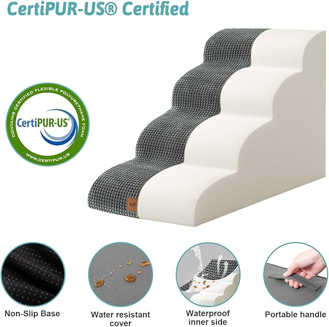 Dog Stairs for Small Dogs 19.7" H, Pet Step with Leakproof Cover, High Density Foam Cat Ramp for Bed, Couch or Sofa, Lightweight, Durable, Comfort, 15.7x28.3x19.7 inch, 4 Tiers, Dark Grey
