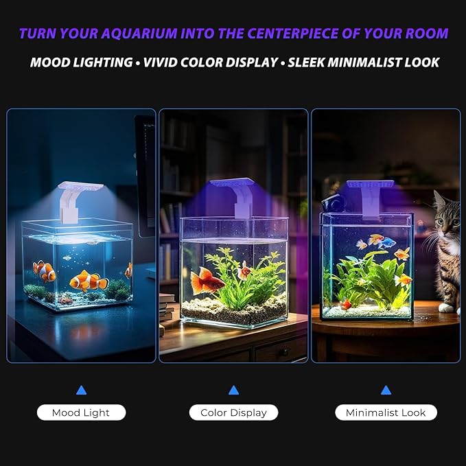 Mini Clip-On Aquarium Light 7W USB Dimmable Fish Tank Lamp with 3 Light Modes (Full Spectrum/White/RGB), 9-Level Brightness, Compact LED Light for 1–3 Gallon Aquariums