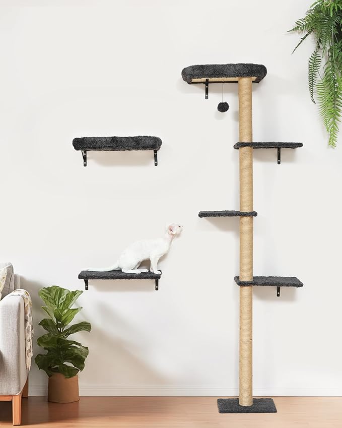FUKUMARU Cat Wall Shelves, Stable 3-in-1 Wall Mounted Tree Set, Wooden Cats Furniture with Scratching Post, Space Saving Climbing Wall for 16 Inch Drywall - Gray