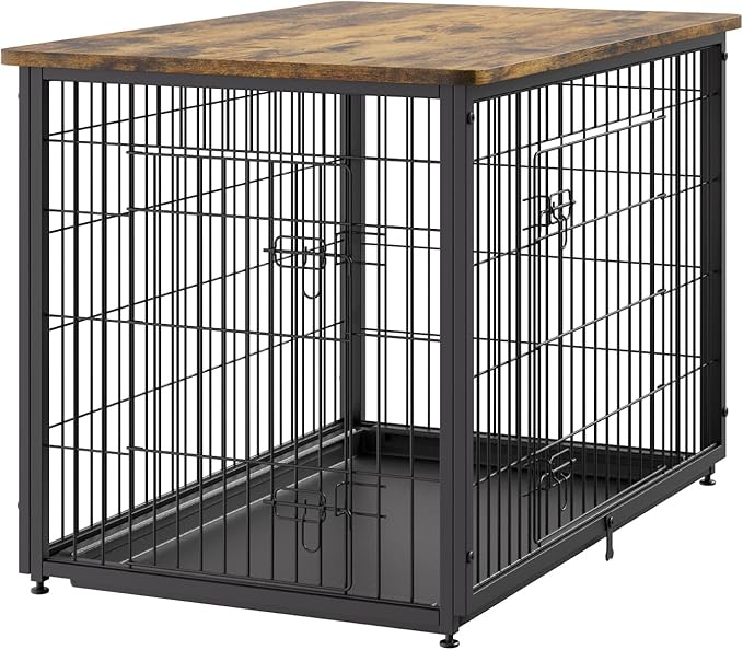 VEVOR 38" Dog Crate Furniture With Double Doors, 2-in-1 Decorative Wooden Kennel End Table, Removable Tray, Holds up to 70 lbs for Small, Medium Dogs - Brown
