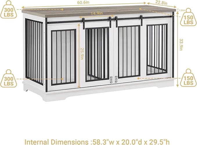 Rovibek 61 Double Dog Crate Furniture for 2 Dogs, Large Double Dog Kennel Furniture TV Stand, Furniture Style Dog Crates End Table, Wood Crates for Dogs Kennel Indoor White