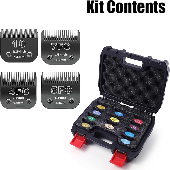 4 Pack Detachable Dog Grooming Steel Blades with Blade case Holder,Compatible with Andis,Oster A5,Wahl KM-10 Series,Cutting Length 1/16" to 3/8"(10+7FC+5FC+4FC-Black)
