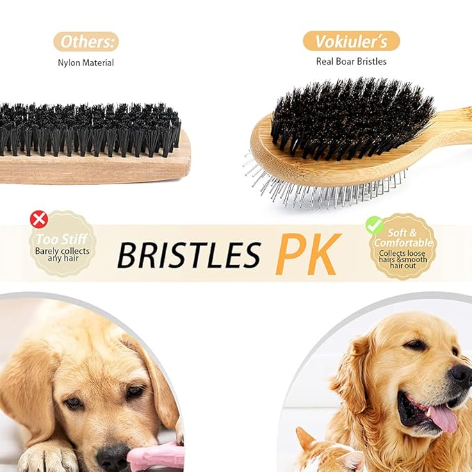 Double Sided Dog and Cat Brush - Bristle and Pin for Grooming, Real Boar Bristle With Bamboo Handle for Long Short Hair, 4 Pack Comb, Black+Yellow