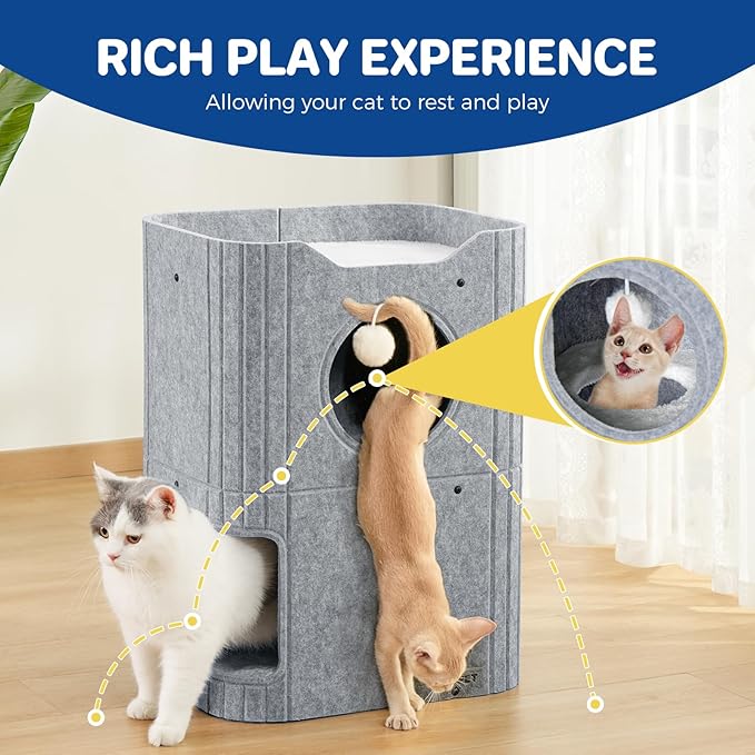 Cat House for Indoor Cats Large Cat Bed Cave 2-Storey Cats Condo with Cozy Felt Covered Hideaway for Multiple Pets Grey