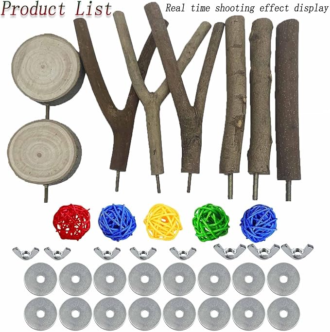 8 PCS Natural Wood Bird Perches Stand for Cage, 5 PCS Parrot Rattan Balls, Wooden Hanging Multi-Branch Perches Platform, Hammock Swing Toy for Parakeets, Budgies, Cockatiels, Conures, Macaws (13 PCS)