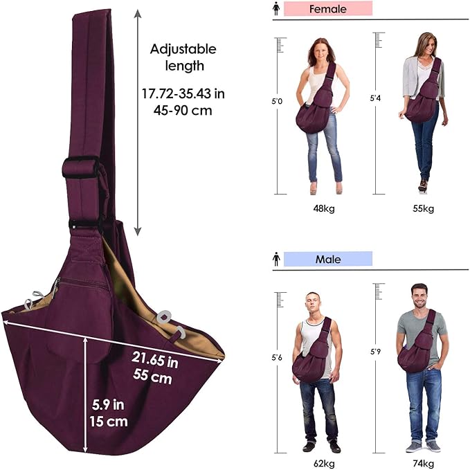 Dog Padded Papoose Sling, Small Pet Sling Carrier Hands Free Carry Adjustable Shoulder Strap Reversible Tote Bag with a Pocket Safety Belt Dog Cat Traveling Subway (5-12lbs, Burgundy)