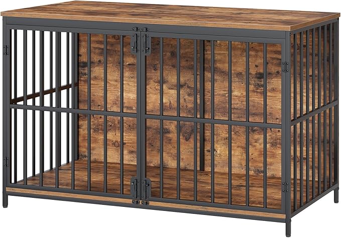 HOOBRO 46.5" Large Dog Crate Furniture, Wooden Dog Kennel Indoor, Chew-Resistant Heavy Duty Dog Cage for Large/Medium Dog, Decorative Side End Table, Rustic Brown and Black BF120GW03