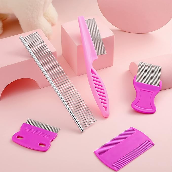 Cunhill 5 Pieces Dog Flea Combs for Grooming Lice Tick Comb for Small Dogs Puppies Stainless Steel Teeth Tear Stain Remover 2-in-1 with Round Teeth to Remove Knots Crust Mucus
