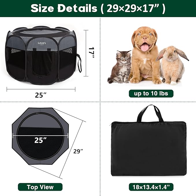 Love's cabin Pet Puppy Dog Playpen, Small Dog Tent Crates Cage Indoor/Outdoor, Portable Playpen for Dog and Cat, Foldable Pop Up Dog Kennel Playpen with Carring Case, Removable Zipper Top, Dark Grey