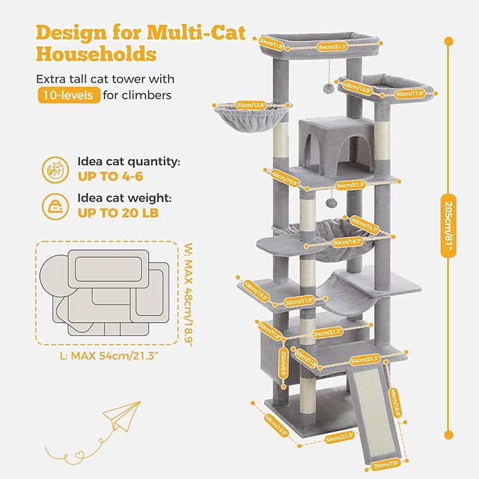 81" Heavy Duty Cat Tree for Large Cats up to 20lbs - Extra Tall Cat Tower with Metal Frame Hammock, 6 Sisal Scratching Posts, 2 Perches - Indoor Cat Furniture for Maine Coon, Big Cats, Gray