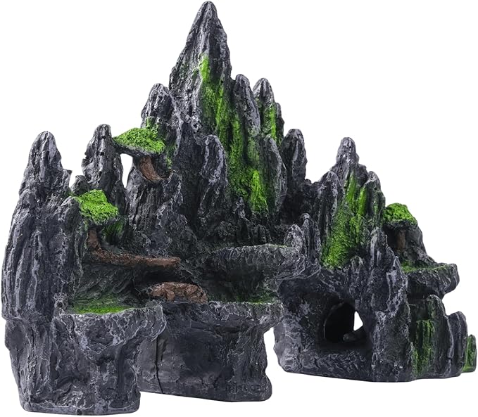 Large Fish Tank Decorations - Mountain View Aquarium Ornament with Tree House Cave Bridge,Large