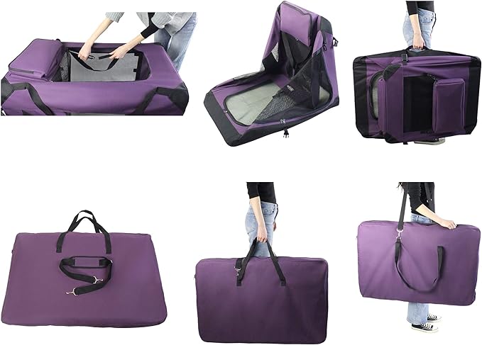 EliteField 3-Door Folding Soft Dog Crate with Carrying Bag and Fleece Bed (2 Year Warranty), Indoor & Outdoor Pet Home (24" L x 18" W x 21" H, Purple)