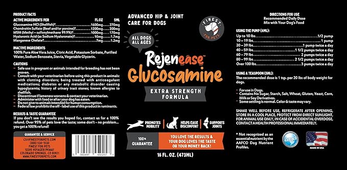 Premium Liquid Glucosamine Hip and Joint Supplement for Dogs - Fast Natural Arthritis Pain Relief and Better Mobility - Extra Strength with Chondroitin MSM and Hyaluronic Acid. Made in USA 16oz.