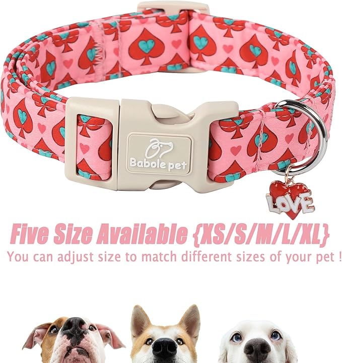 Valentine's Day Dog Collar - Cute Pink Valentines Dog Collar Girl Boy Durable Adjustable Spade Heart Pattern Charm Dog Collars for Small Medium Large Dogs S