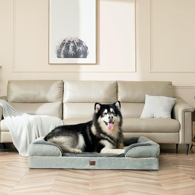 EHEYCIGA Orthopedic XL Dog Beds, Waterproof Memory Foam Dog Bed for Extra Large Dogs, Non-Slip Bottom and Egg-Crate Foam Big Dog Couch Bed with Washable Removable Cover, Greyish Green