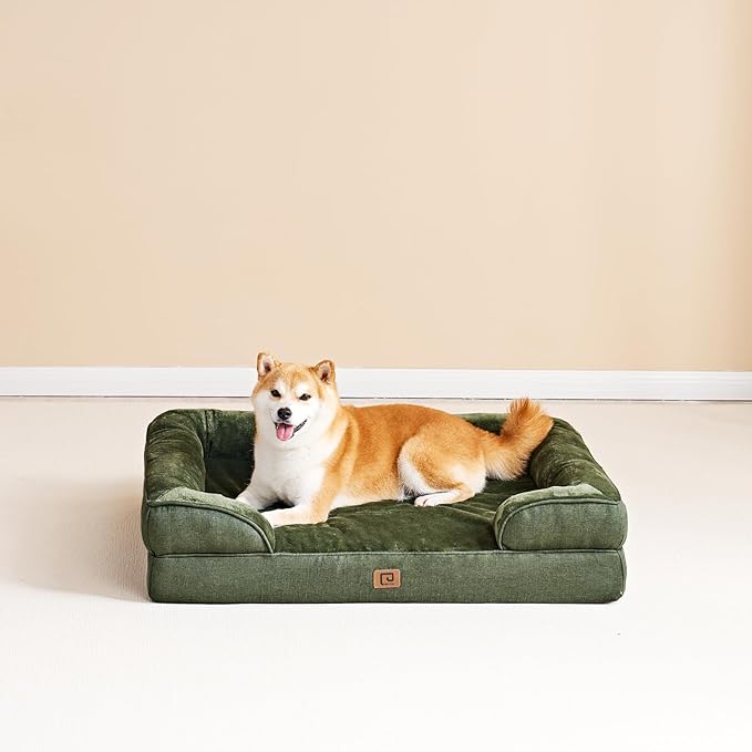 EHEYCIGA Orthopedic Dog Bed for Small Dogs, Waterproof Memory Foam Small Dog Beds with Sides, Non-Slip Bottom and Egg-Crate Foam Medium Dog Couch Bed with Washable Removable Cover, Dark Green