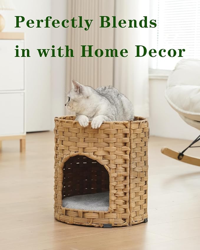 Cat House for Indoor Cat, Small Cat Houses Handwoven PE Rattan Kitten Cave, Pet Kitten Bed Covered, One Bed Pad, 13 x 13 x 13.7 Inches, Foldable Hideaway in Living Room Natural