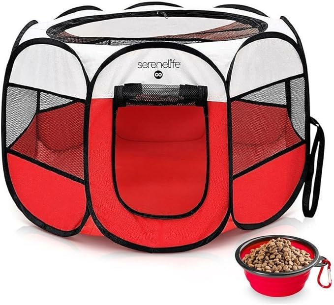SereneLife On-The-Go Foldable Portable Pet Tent 8-Panel Playpen for Dog & Cat w/Food/Water Bowl, Mesh Exercise Puppy Playground, Pet House Indoor & Outdoor, Travel & Camping Pet Kennel (Red- Large)
