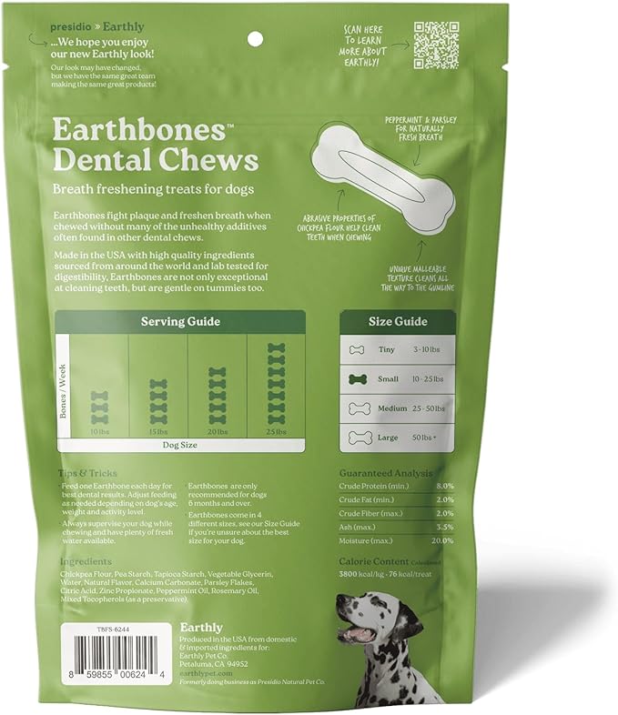 Earthbones (Formerly Terrabones) Dental Chews, Dog Teeth Cleaning Treat, Small, 13 Treats