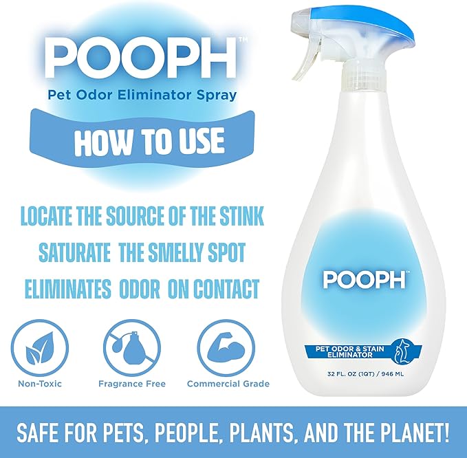 POOPH Pet Odor Eliminator and Litter Box Deodorizer - 2x32oz Bottles - Instant, Safe, Fragrance-Free, Clear, Non-Staining, Unscented