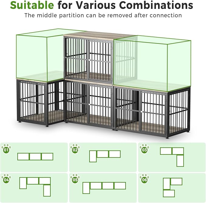 43'' L-Shaped Corner Dog Crate Furniture Large Breed with Double Rooms,Wooden Dog Crate End Table Indoor with Removable Divider for Small to Medium Dogs, Can Use Separately